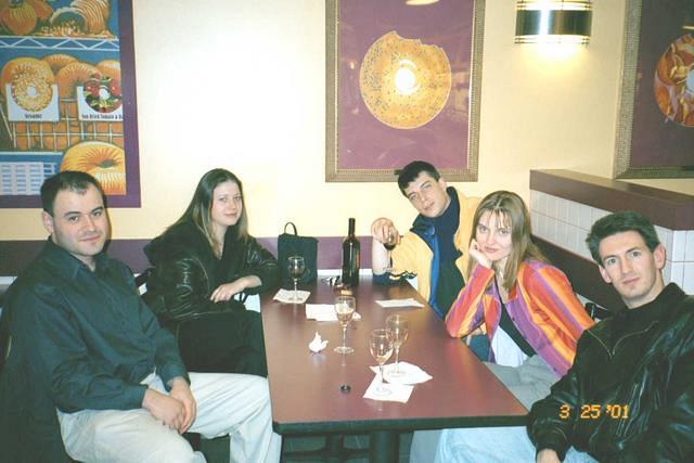 Sipping wine at the harvard cafe, Skiing in Mt Sunopee and Visiting Boston, Mar 23-26, 2001